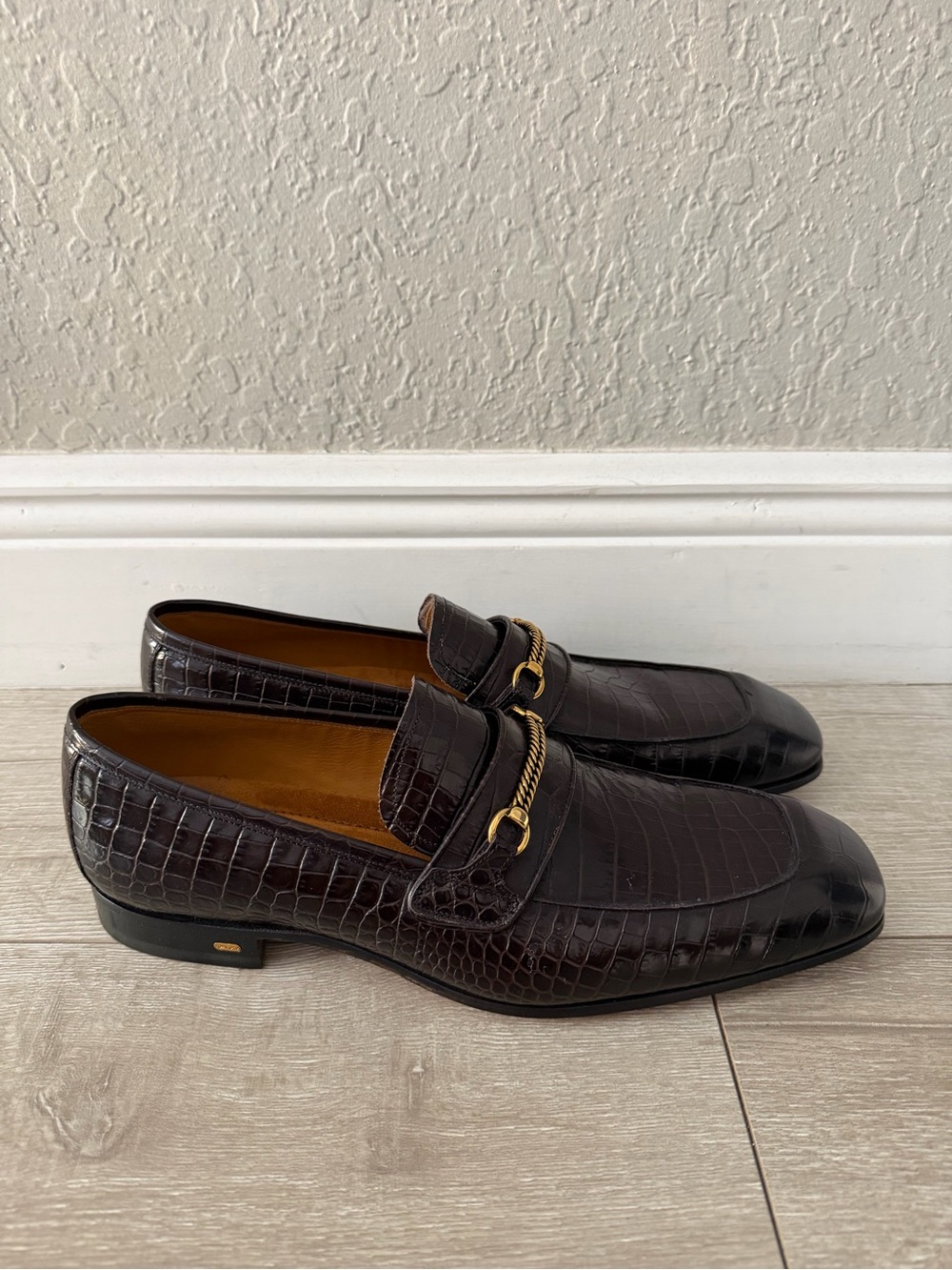 Tom Ford Dark Brown reddish Croc-Embossed Leather Bit Loafers men 11.5